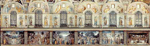 Northern wall of the Sistine Chapel with scenes from the life of Jesus.